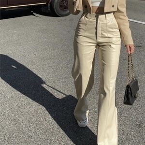 ​NWOT ZARA Ecru High Waist Vegan Leather Wide Leg Trousers Size M